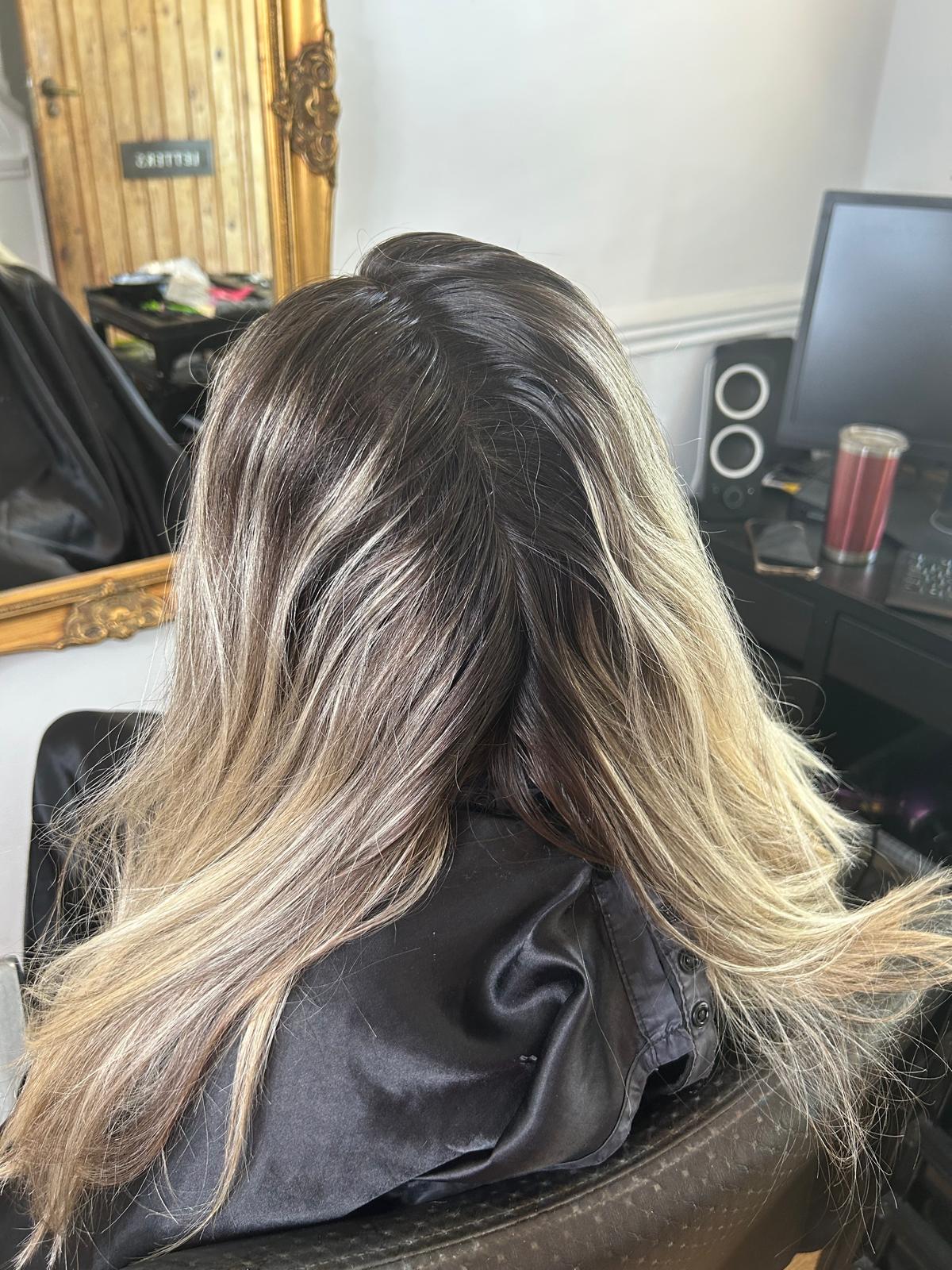 Brassy Blonde to Creamy Balayage Waves — before by Laura Astley