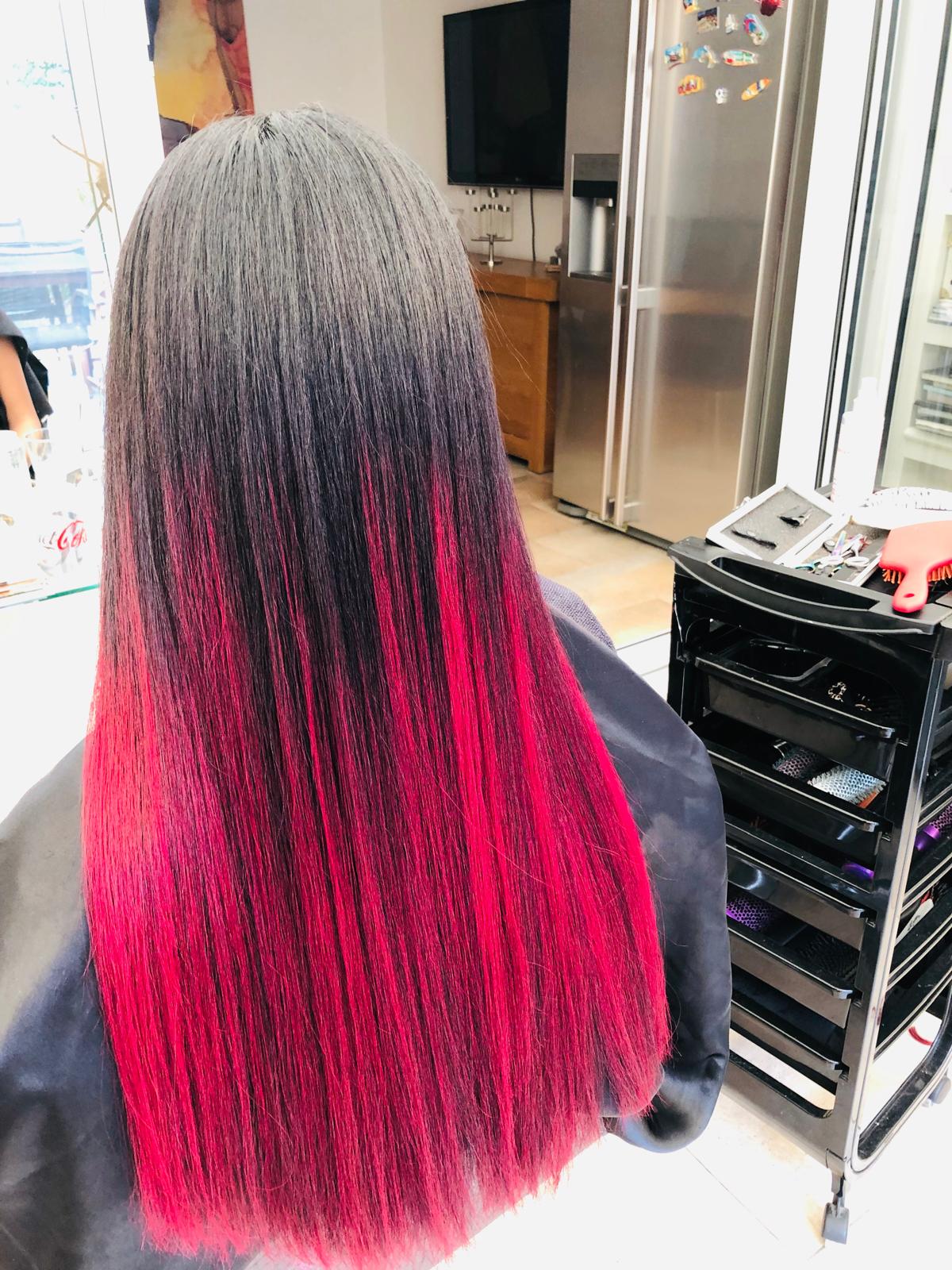 Dark Ends to Vibrant Pink Balayage — after by Laura Astley