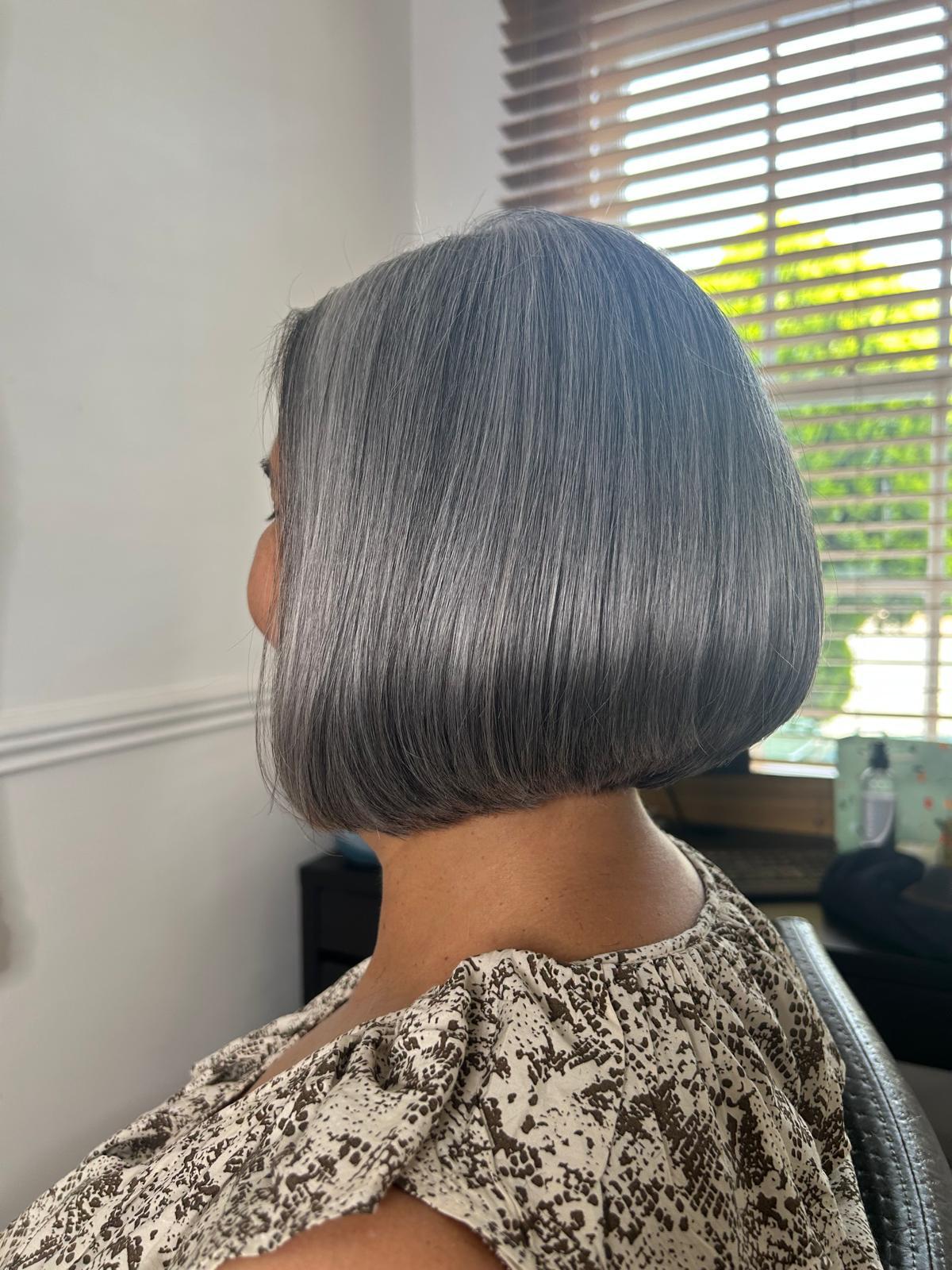 Wet Long Hair to Polished Silver Bob — after by Laura Astley