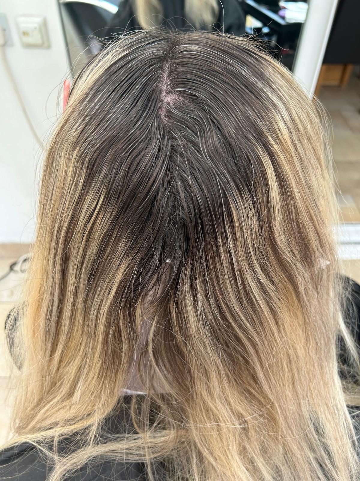 Grown-Out Roots to Seamless Ash Blonde — before by Laura Astley